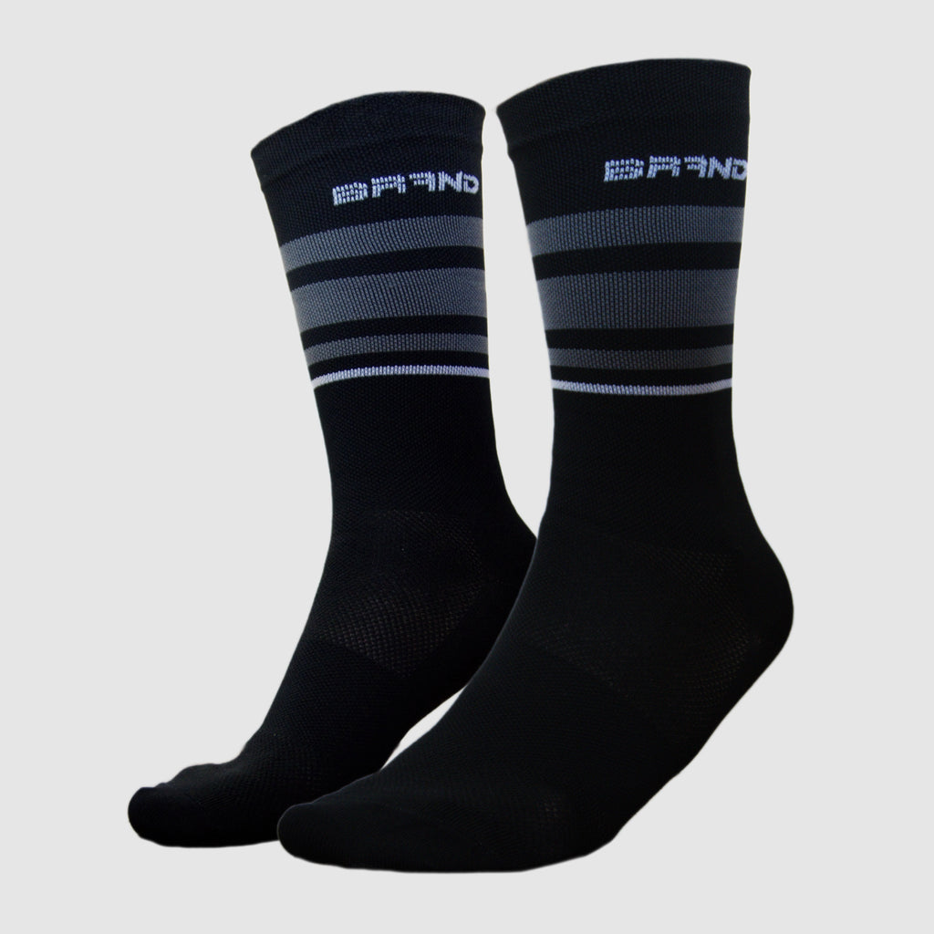 Calceta GangBrand de Compresión Ciclismo Negro/Rayas Blancas y Gris