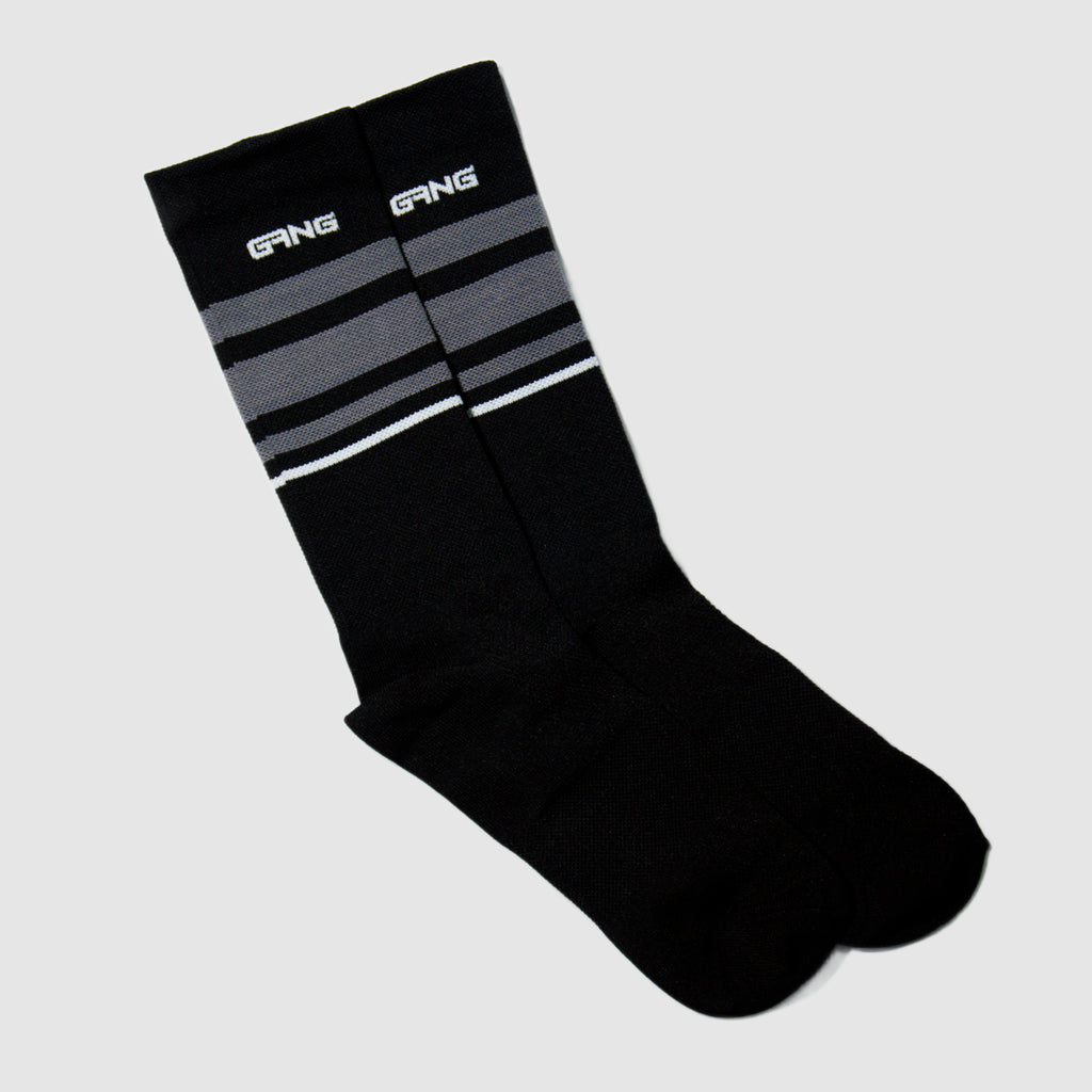 Calceta GangBrand de Compresión Ciclismo Negro/Rayas Blancas y Gris